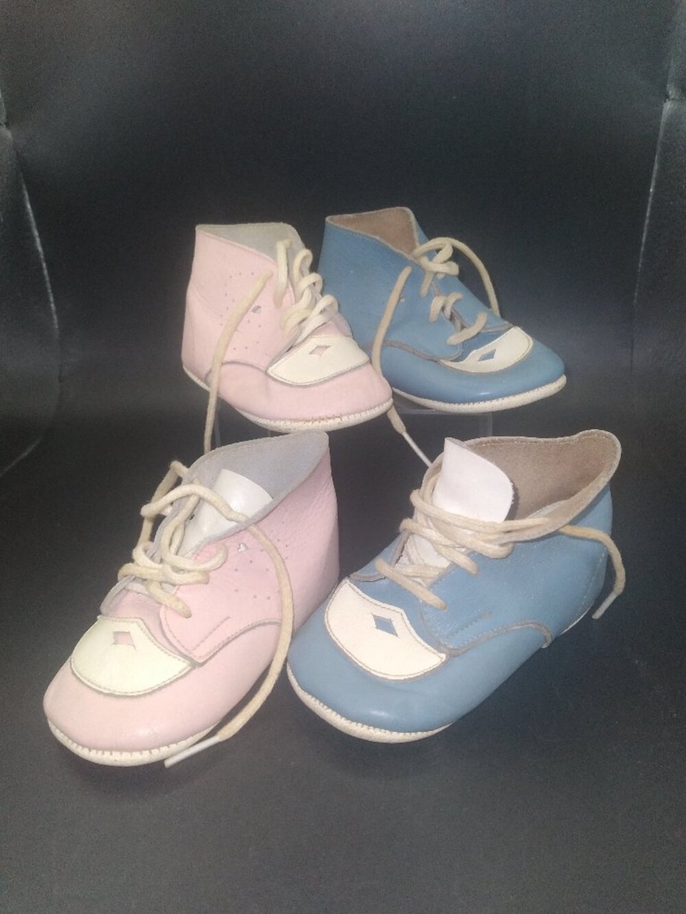 2 pairs of Vintage Pink & Blue leather baby shoes,1960s